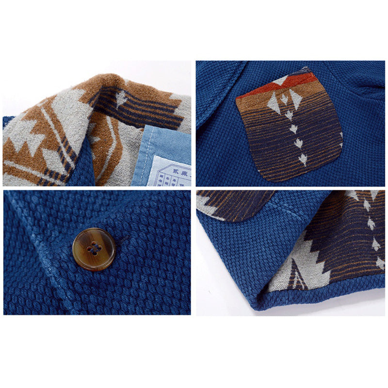 Indigo Multi Pockets Jacket Men French Retro Blue Dye Lapel Thick