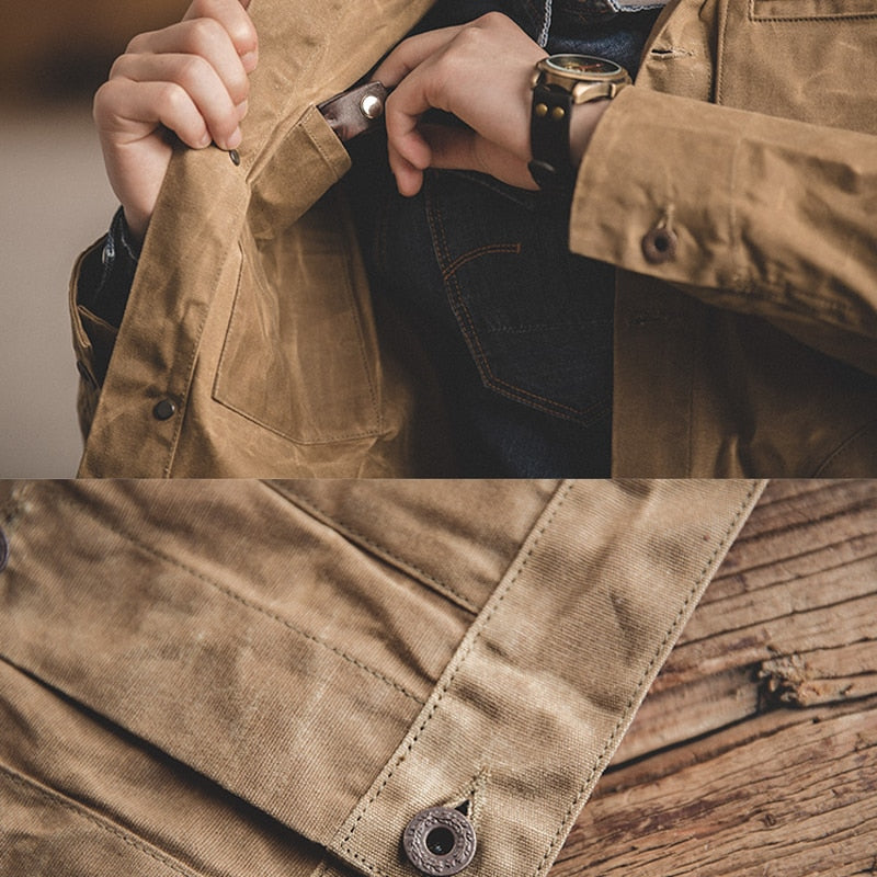 Canvas Oil Wax Men Jackets Khaki Retro Multi-pocket