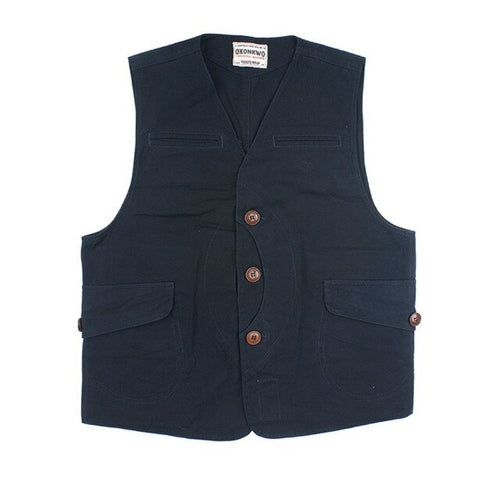 Multi Pocket Denim Vest Mens Safari Style V neck Waistcoat Casual