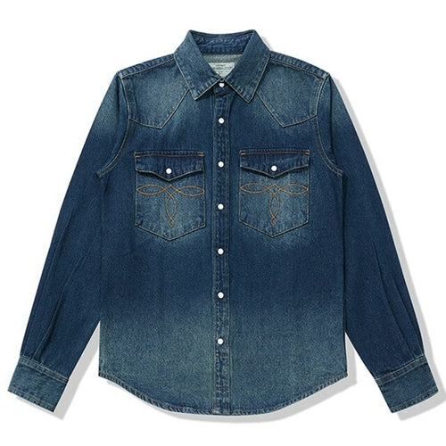 Vintage Heavy Denim Shirt Men Autumn