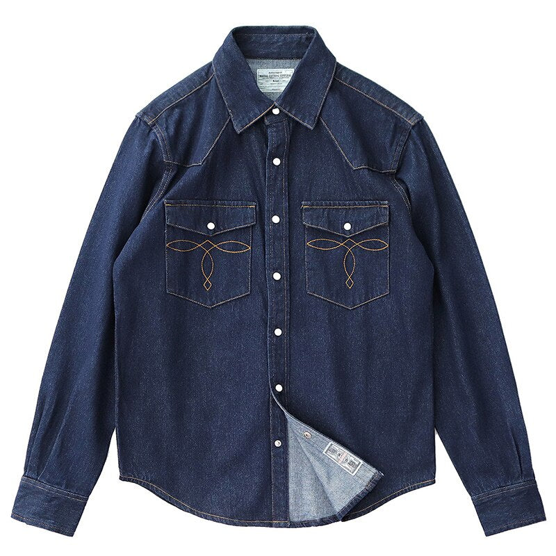 Vintage Heavy Denim Shirt Men Autumn