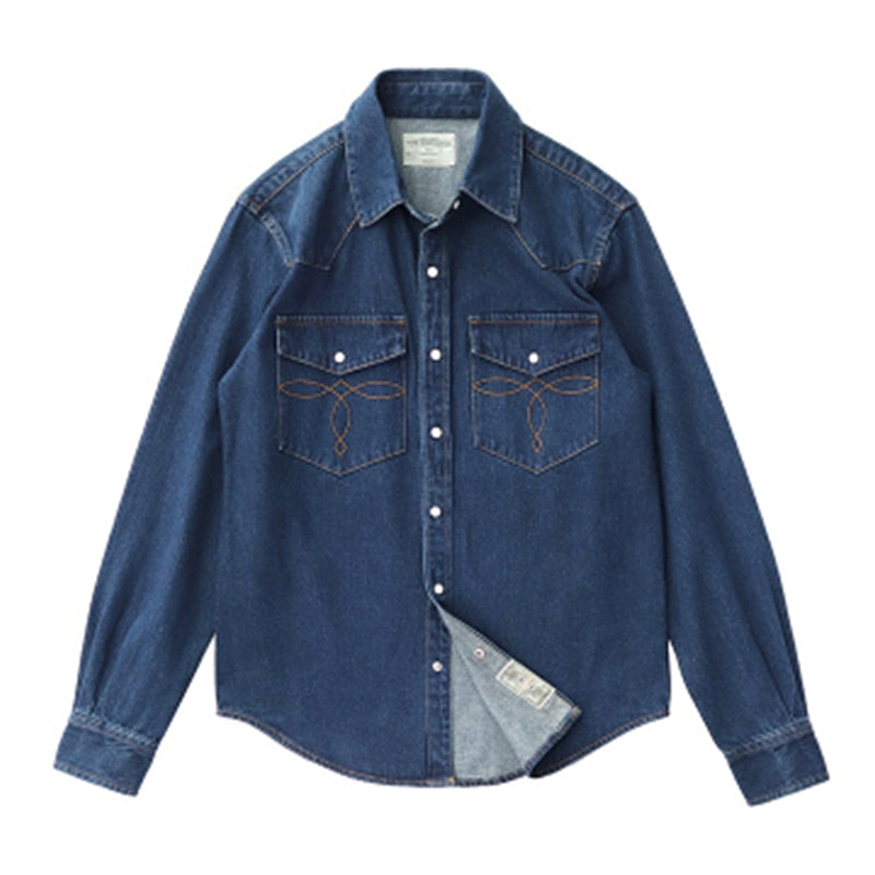 Vintage Heavy Denim Shirt Men Autumn