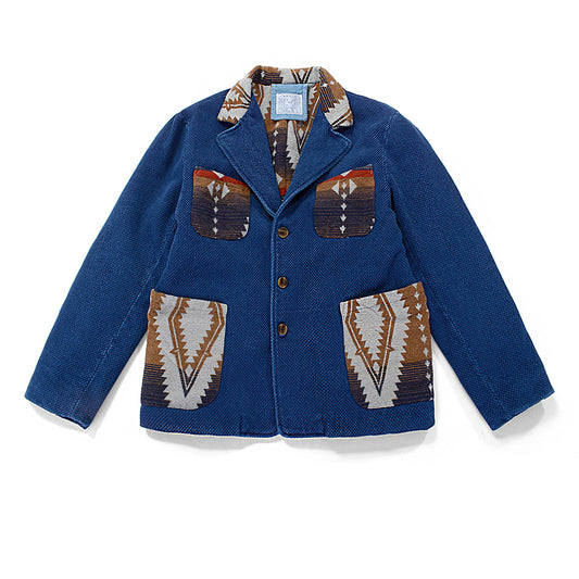 Indigo Multi Pockets Jacket Men French Retro Blue Dye Lapel Thick