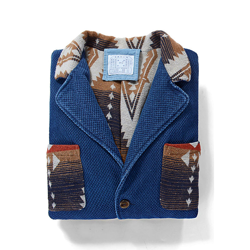 Indigo Multi Pockets Jacket Men French Retro Blue Dye Lapel Thick