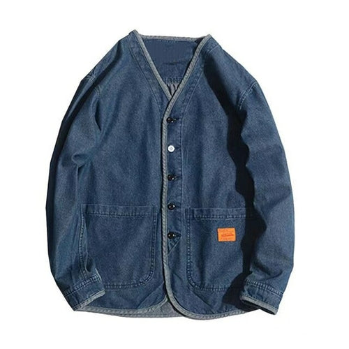 Japan Style Amekaji V-neck Single Breasted Men Denim Jacket 2022