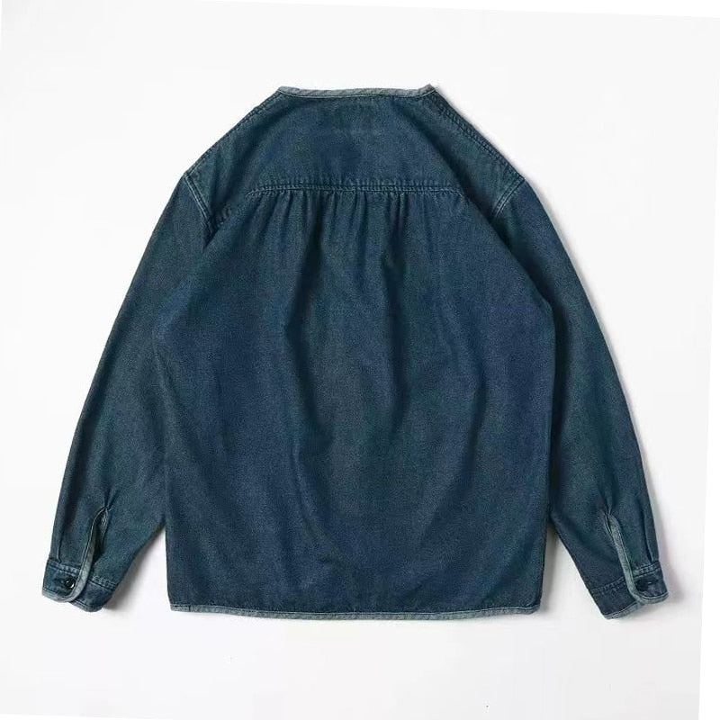 Japan Style Amekaji V-neck Single Breasted Men Denim Jacket 2022