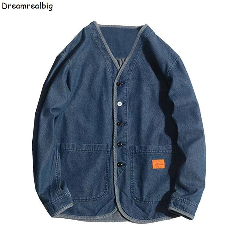 Japan Style Amekaji V-neck Single Breasted Men Denim Jacket 2022