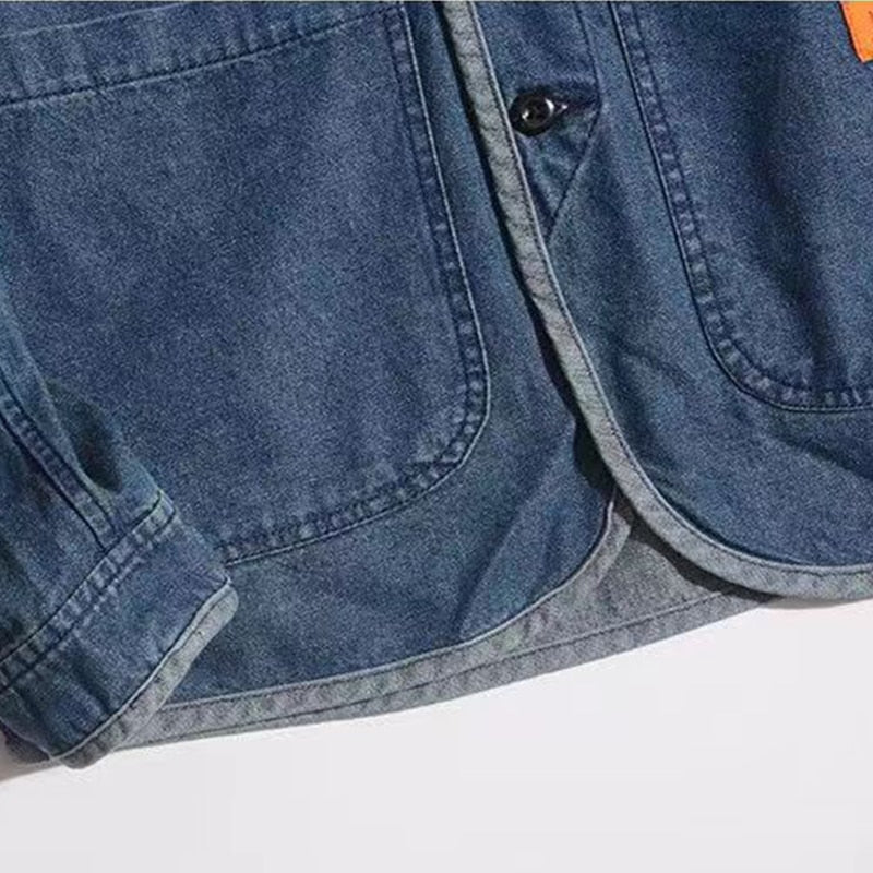 Japan Style Amekaji V-neck Single Breasted Men Denim Jacket 2022