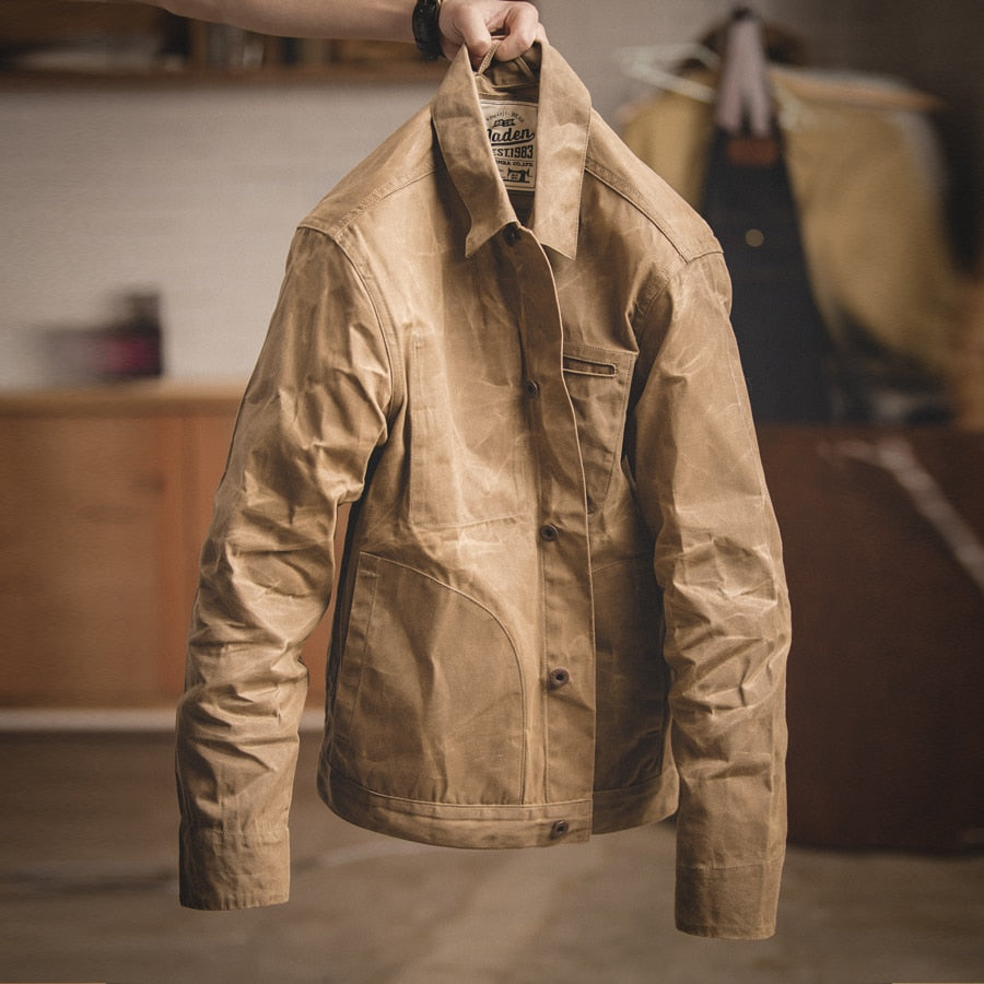 Canvas Oil Wax Men Jackets Khaki Retro Multi-pocket