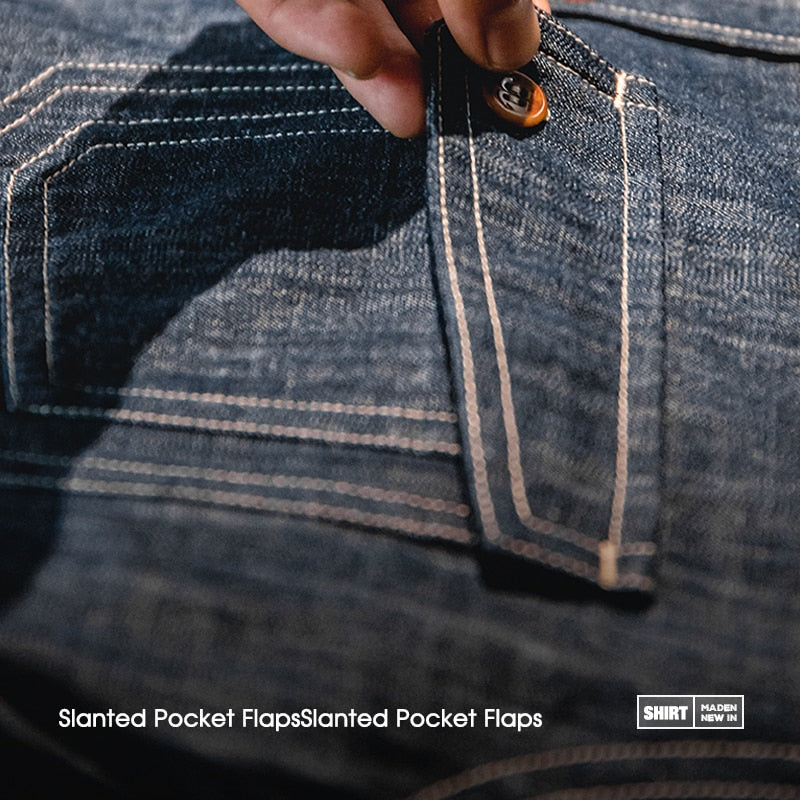 Maden Men Jeans Indigo Washed Solid Work Shirt Selvedge jeans Shirt