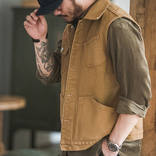 Men Multi Pocket Waistcoat American Retro Casual Canvas Vest