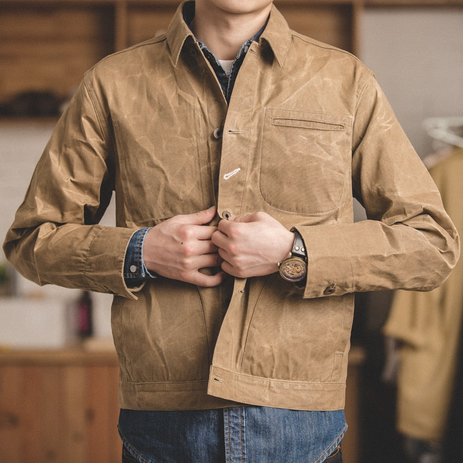 Retro Khaki  Jacket Male Size M To 3XL Waxed Canvas Cotton