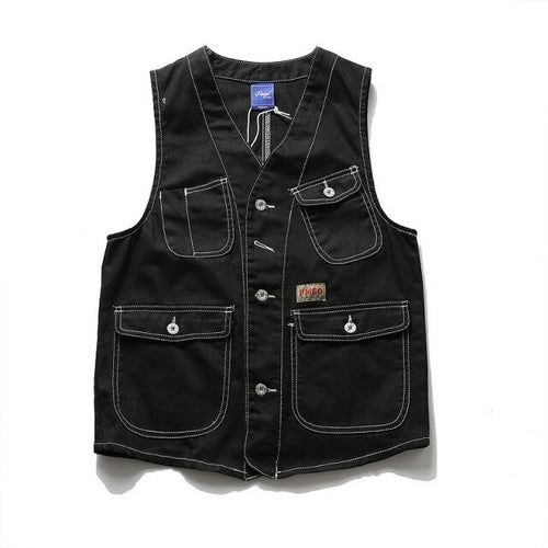 Men Multi Pocket Vest Denim Wavy Japanese Cargo Coats Simple Harajuku