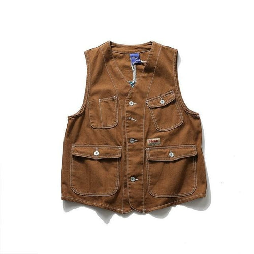 Men Multi Pocket Vest Denim Wavy Japanese Cargo Coats Simple Harajuku
