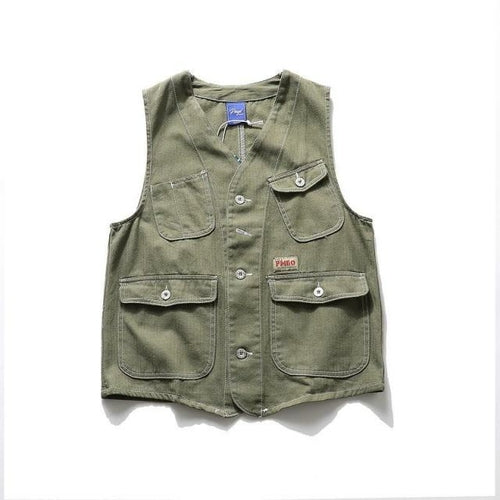 Men Multi Pocket Vest Denim Wavy Japanese Cargo Coats Simple Harajuku