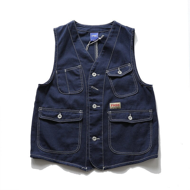 Men Multi Pocket Vest Denim Wavy Japanese Cargo Coats Simple Harajuku
