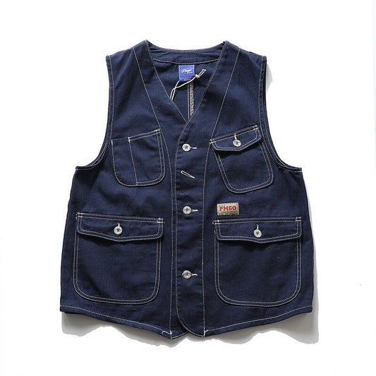 Men Multi Pocket Vest Denim Wavy Japanese Cargo Coats Simple Harajuku