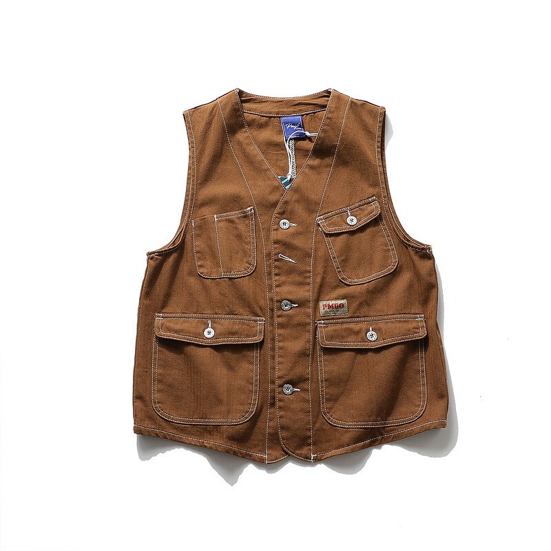 Men Multi Pocket Vest Denim Wavy Japanese Cargo Coats Simple Harajuku
