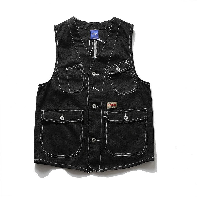 Men Multi Pocket Vest Denim Wavy Japanese Cargo Coats Simple Harajuku