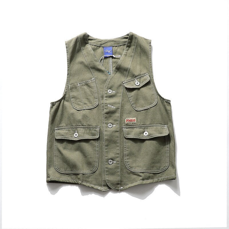 Men Multi Pocket Vest Denim Wavy Japanese Cargo Coats Simple Harajuku