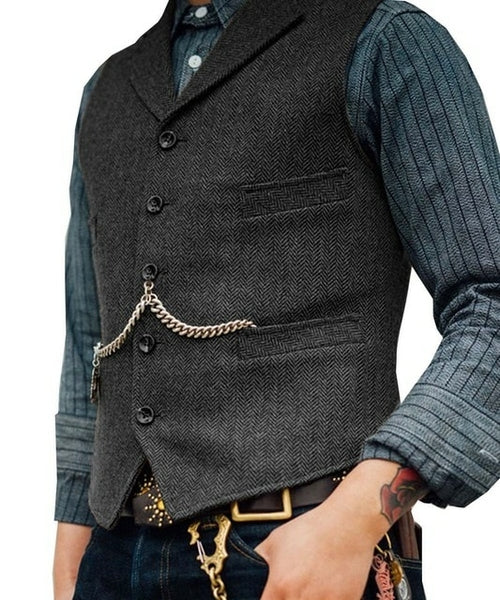 Men's Suit Vest Brown Wedding Wool Tweed Business Waistcoat Jacket