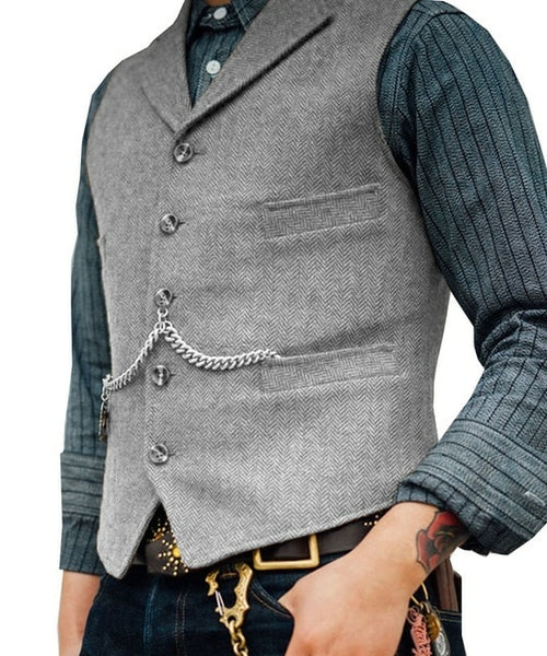 Men's Suit Vest Brown Wedding Wool Tweed Business Waistcoat Jacket