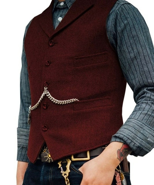 Men's Suit Vest Brown Wedding Wool Tweed Business Waistcoat Jacket