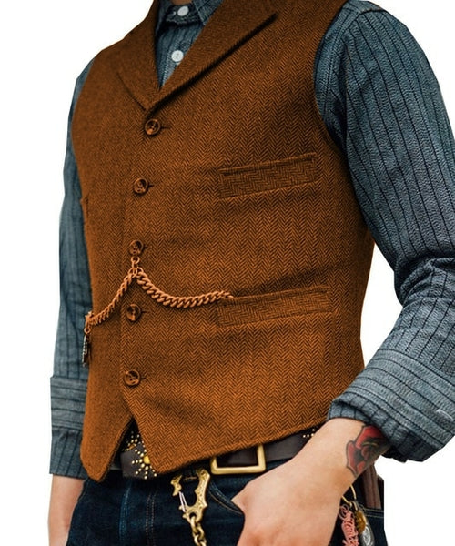Men's Suit Vest Brown Wedding Wool Tweed Business Waistcoat Jacket