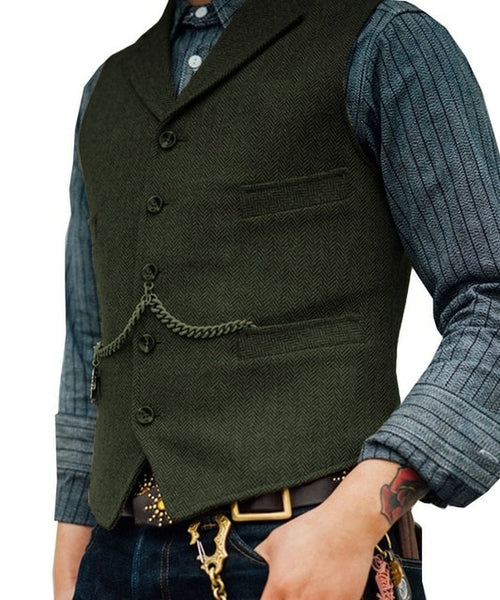 Men's Suit Vest Brown Wedding Wool Tweed Business Waistcoat Jacket