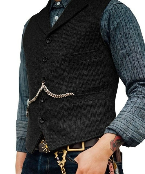 Men's Suit Vest Brown Wedding Wool Tweed Business Waistcoat Jacket