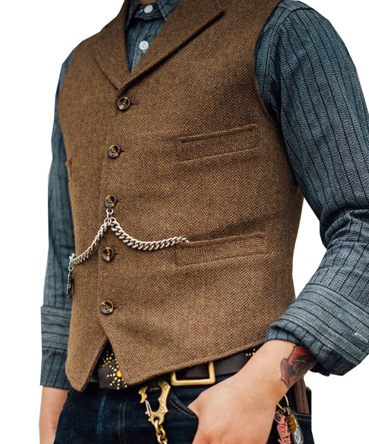 Men's Suit Vest Brown Wedding Wool Tweed Business Waistcoat Jacket