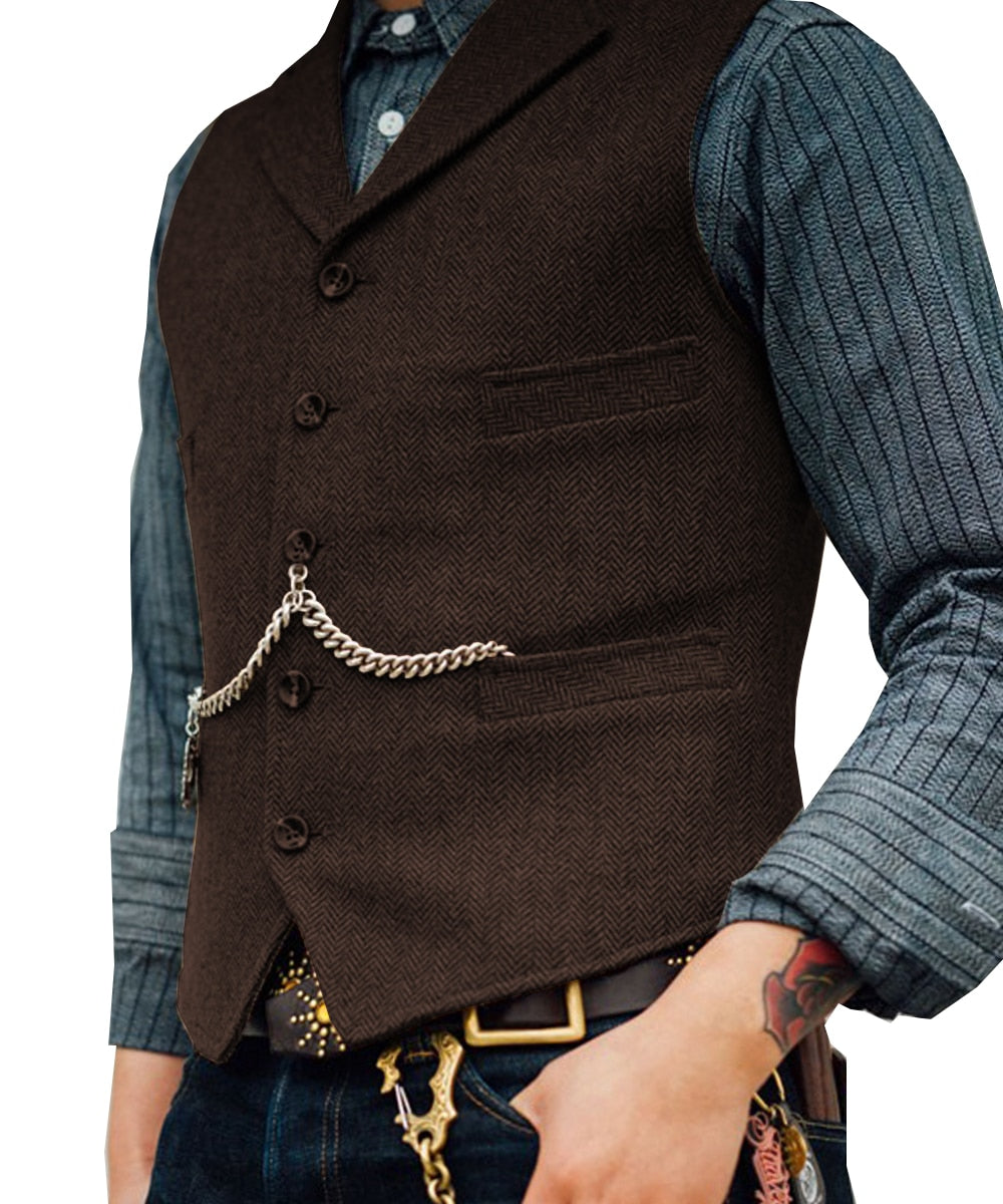 Men's Suit Vest Brown Wedding Wool Tweed Business Waistcoat Jacket
