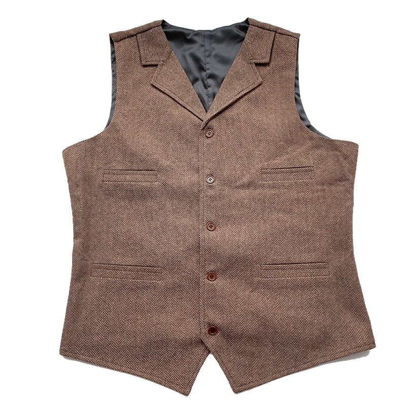 Men's Suit Vest Brown Wedding Wool Tweed Business Waistcoat Jacket