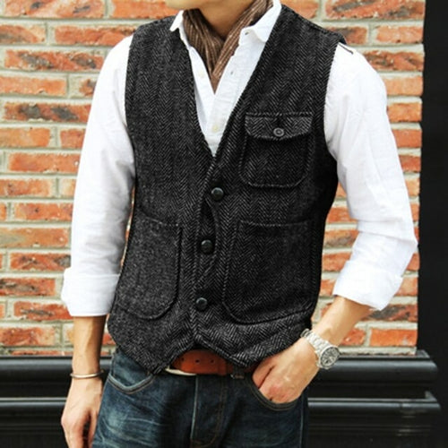 Men's retro tweed suit vest men's V neck wool vest casual
