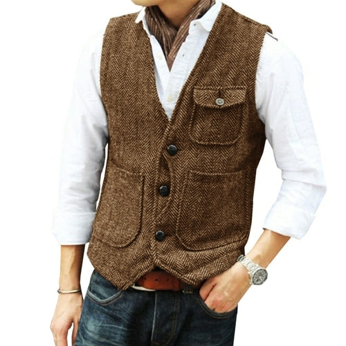 Men's retro tweed suit vest men's V neck wool vest casual