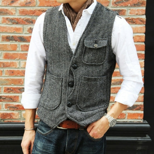 Men's retro tweed suit vest men's V neck wool vest casual