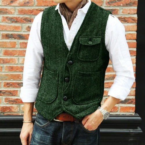 Men's retro tweed suit vest men's V neck wool vest casual