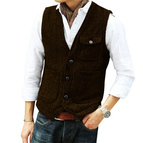 Men's retro tweed suit vest men's V neck wool vest casual