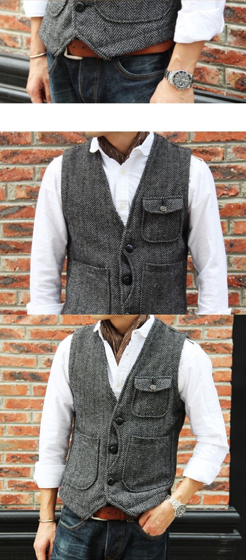 Men's retro tweed suit vest men's V neck wool vest casual