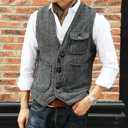 Men's retro tweed suit vest men's V neck wool vest casual