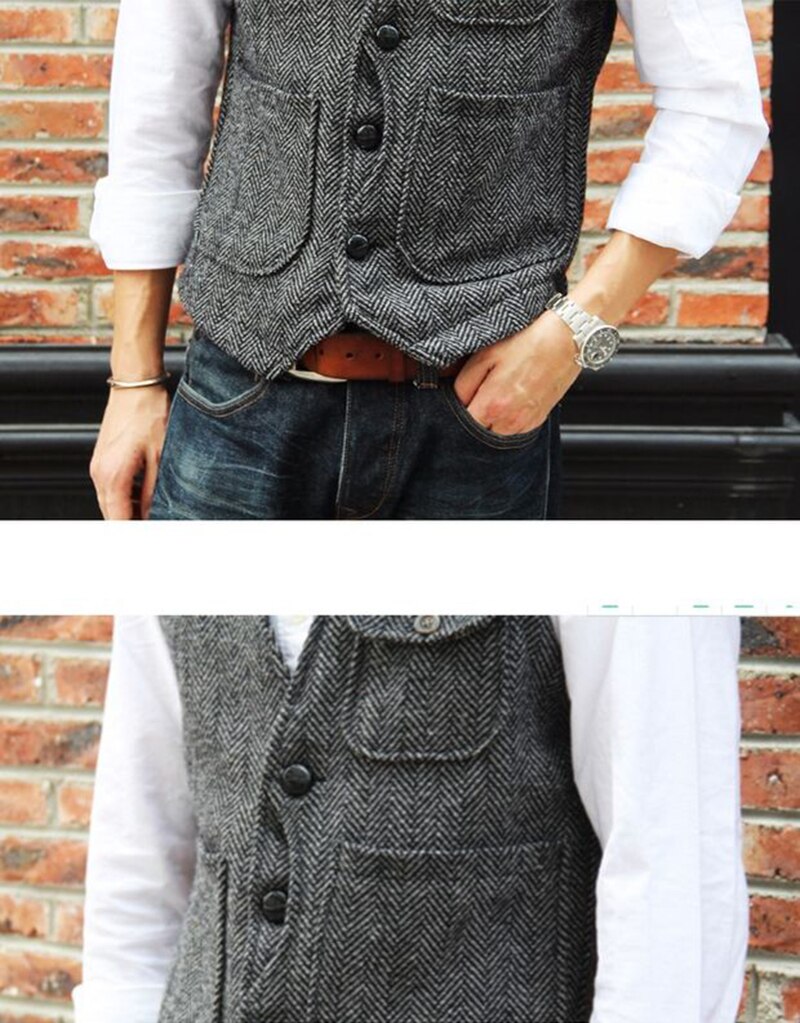 Men's retro tweed suit vest men's V neck wool vest casual