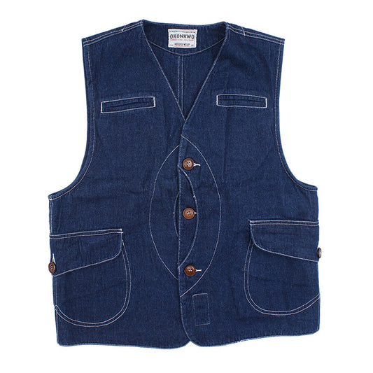 Multi Pocket Denim Vest Mens Safari Style V neck Waistcoat Casual