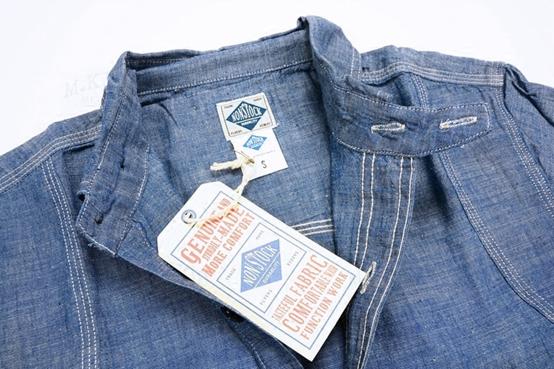 Vintage Chambray Shirts Blue Spring Men's Casual Denim