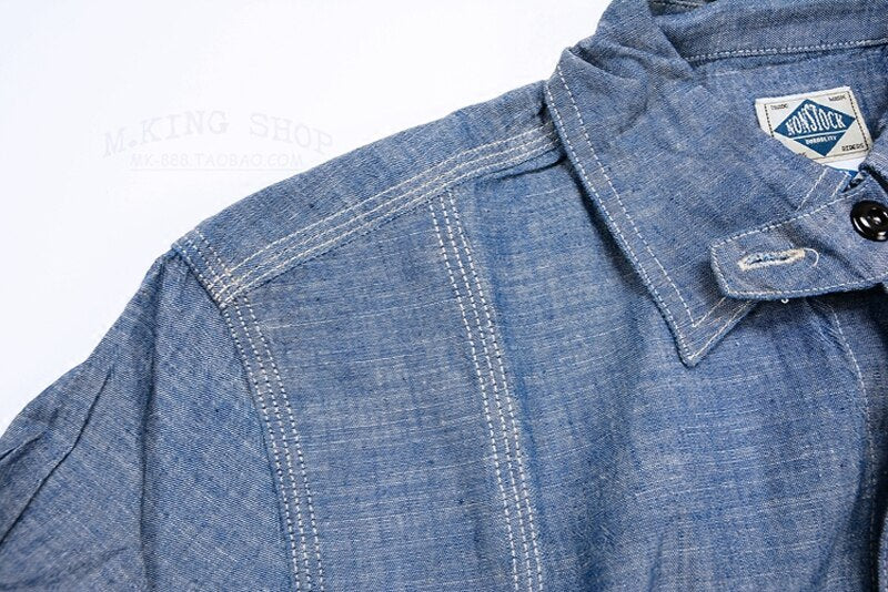 Vintage Chambray Shirts Blue Spring Men's Casual Denim