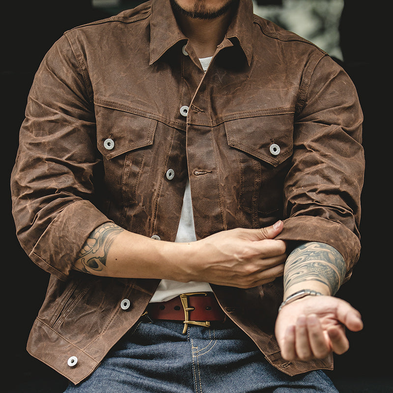 Oil Wax  Jackets For Men Pocket Khaki Denim Pocket Jacket Vintage
