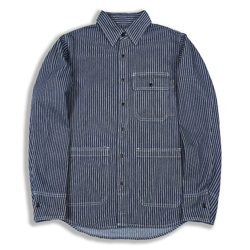 Ok1301 Autumn Men Vertical Striped Cargo Denim Shirts Multi Pocket