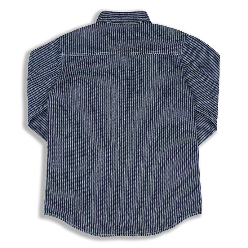 Ok1301 Autumn Men Vertical Striped Cargo Denim Shirts Multi Pocket