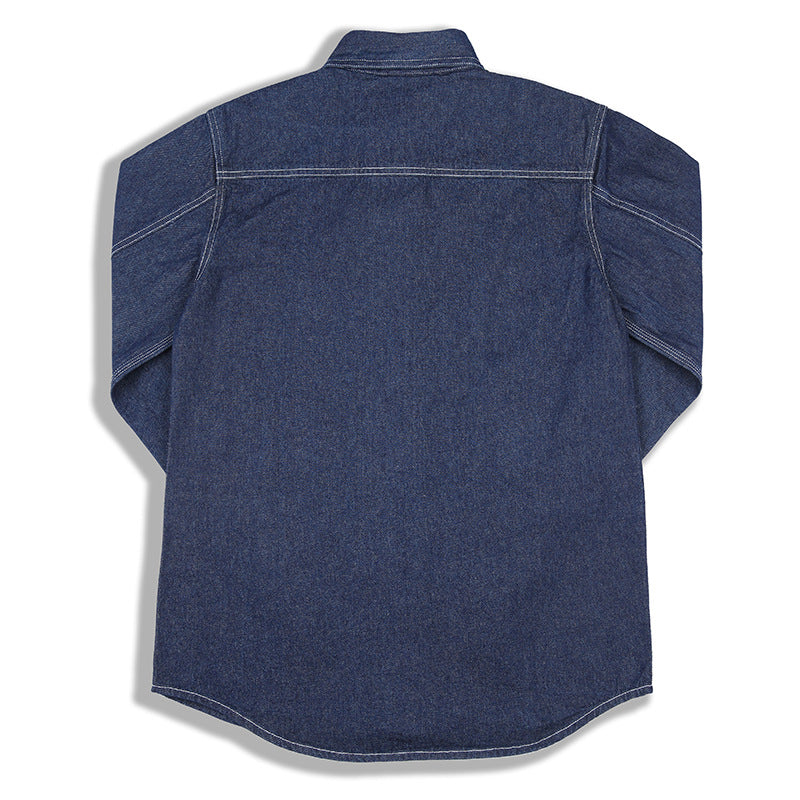 Ok1301 Autumn Men Vertical Striped Cargo Denim Shirts Multi Pocket