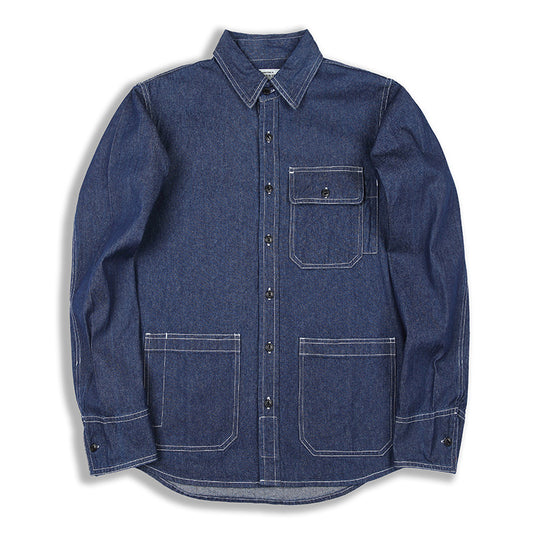 Ok1301 Autumn Men Vertical Striped Cargo Denim Shirts Multi Pocket