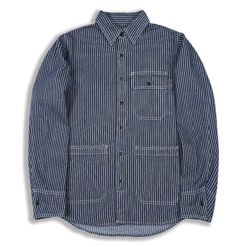 Ok1301 Autumn Men Vertical Striped Cargo Denim Shirts Multi Pocket